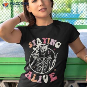 retro groovy skeleton staying alive coffee halloween hippie shirt tshirt 1