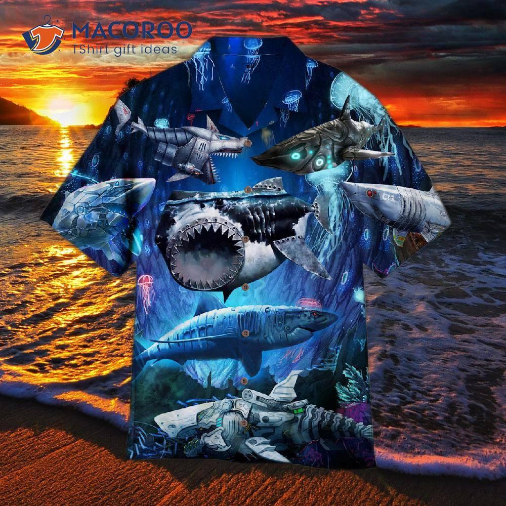 Robot Shark Black Hawaiian Shirts Robot Shark Black Hawaiian Shirts