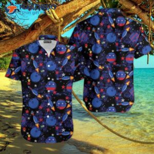 rocket printed blue hawaiian bowling shirts 0