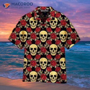 roses and skulls pattern hawaiian shirts 0