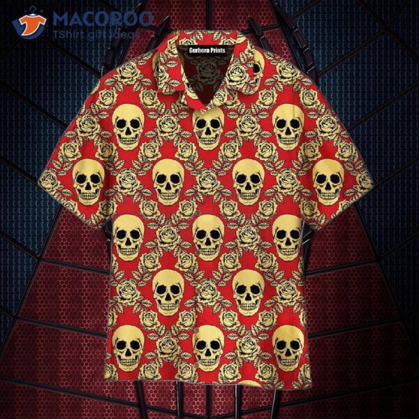 Roses And Skulls Patterned Red Hawaiian Shirts