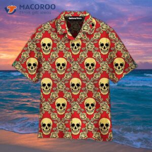 Roses And Skulls Patterned Red Hawaiian Shirts