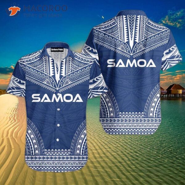 Samoan Polynesian Blue And White Hawaiian Shirts