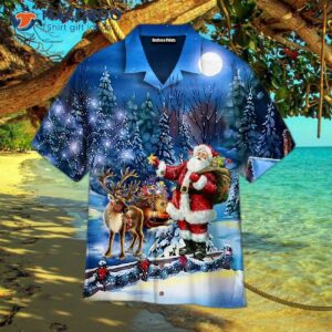 Santa Claus Is Coming With You In Blue Hawaiian Shirts.