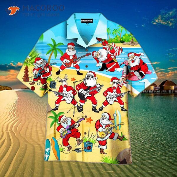 Santa Claus Playing Guitar On A Beach In July, Surrounded By Coconut Palm Trees And Wearing Hawaiian Shirts, Is An Unusual Sight For Christmas.
