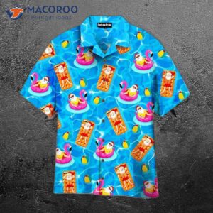 Santa Claus Wore Blue Hawaiian Shirts In July While Floating A Swimming Pool With Flamingo Pattern.