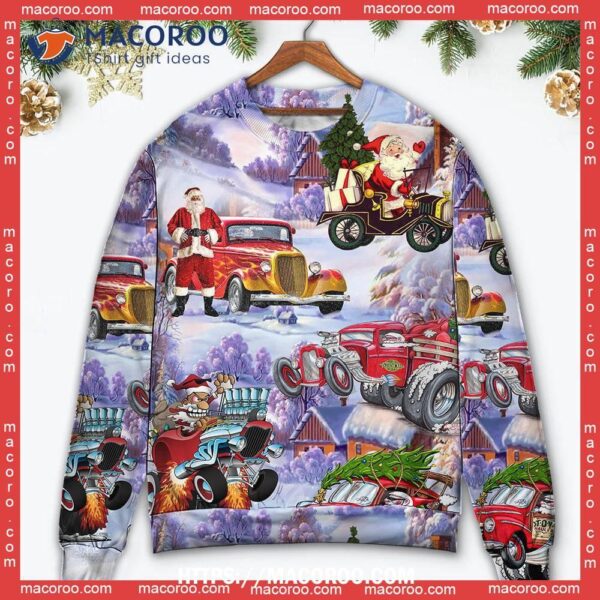 Santa Hot Rod Christmas Tree Merry Xmas Sweater, Ugly Holiday Sweaters