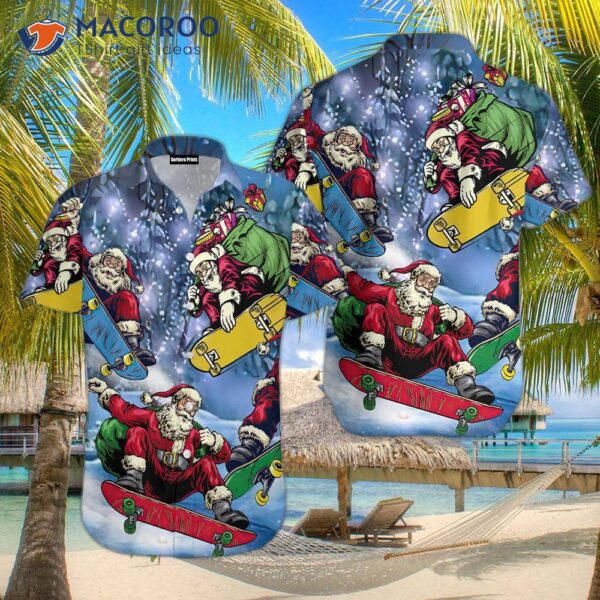 Santa Rides A Skateboard Wearing Blue And White Hawaiian Shirts.