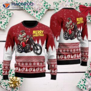 Santa Riding A Motorbike Wearing An Ugly Christmas Sweater To The Holidays
