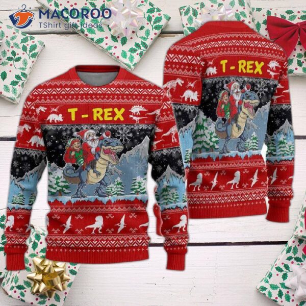 Santa Riding A T-rex Ugly Christmas Sweater