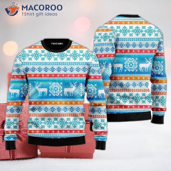 Santa’s Reindeer Blue Pattern Ugly Christmas Sweater