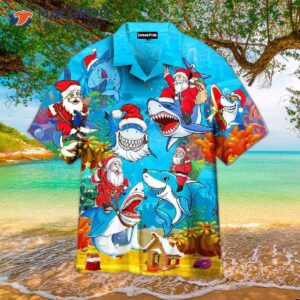 Santa Shark In His Christmas Sled Brings Gifts To The Ocean July Wearing Funny Blue Hawaiian Shirts.