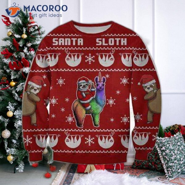 Santa With A Red Ugly Llama Sloth Christmas Sweater