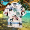 Schipperke Dogs Wearing White Hawaiian Shirts At The Summer Beach.
