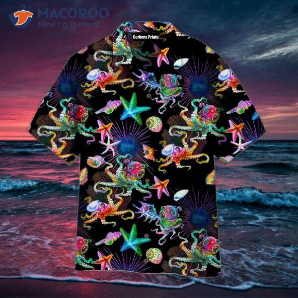 Scuba Diving Octopus-patterned Black Hawaiian Shirts.