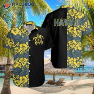 Sea Turtles And Flowers Are Featured On Yellow Black Hawaiian Shirts.