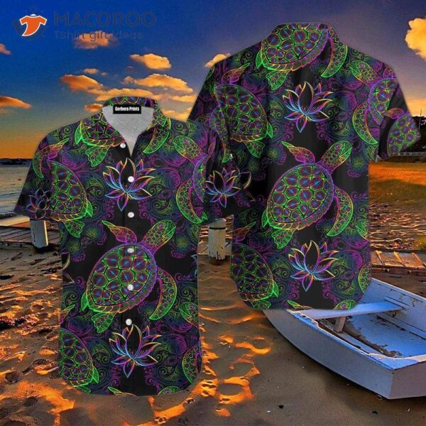 Sea Turtles In Psychedelic Multicolor Purple And Green Hawaiian Shirts