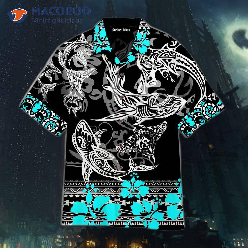 Shark-fishing Blue And Black Hawaiian Shirts Shark-fishing Blue And Black Hawaiian Shirts