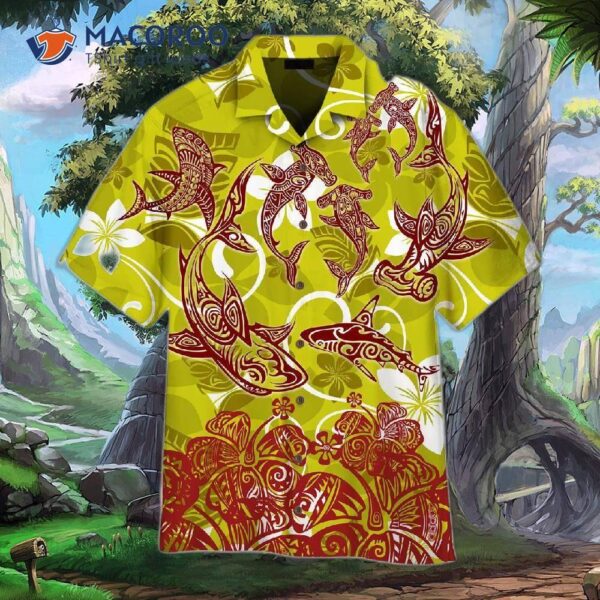 Shark Polynesian Green And Red Hawaiian Shirts