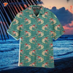 shrimp in turquoise water with bubbles and hawaiian shirts 0