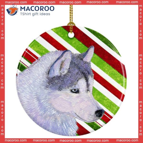 Siberian Husky Candy Cane Christmas Ceramic Ornament