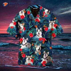 Siberian Husky, Red Hibiscus Flower, And Tropical Hawaiian Shirts