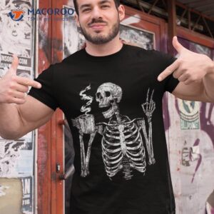 Skeleton Drinking Coffee Gothic Peace Sign Halloween Grunge Shirt