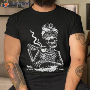 skeleton messy bun drink coffee shirt cool halloween costume tshirt