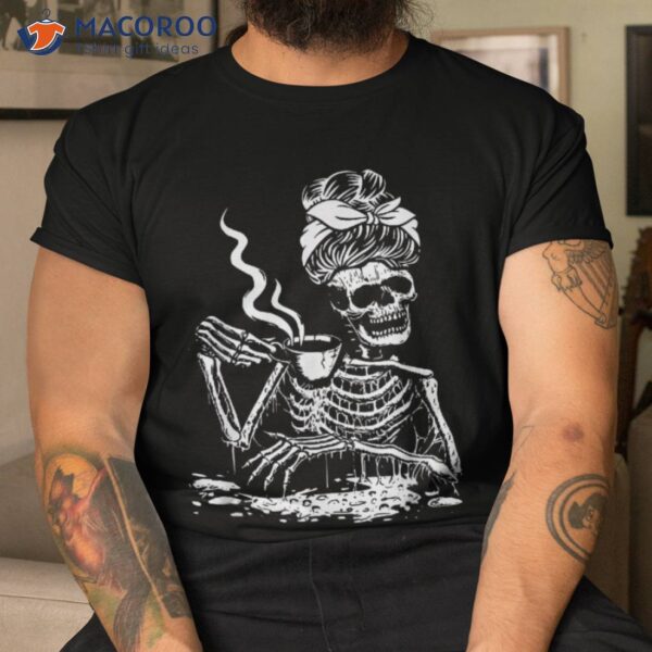 Skeleton Messy Bun Drink Coffee Shirt Cool Halloween Costume