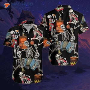 Skeleton-printed Black Hawaiian Shirts