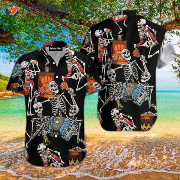 Skeleton-printed Black Hawaiian Shirts
