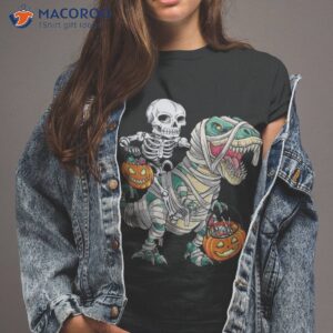 skeleton riding mummy dinosaur t rex halloween funny pumpkin shirt tshirt 2