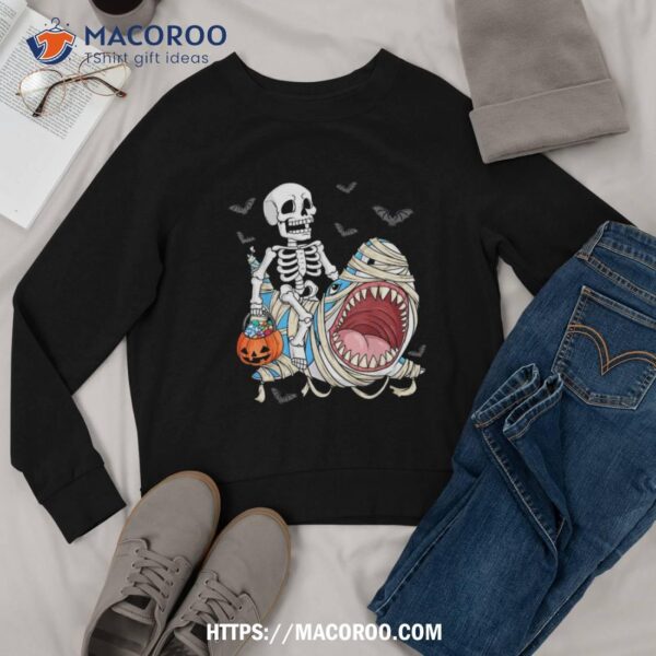 Skeleton Riding Mummy Shark Funny Halloween Pumpkin Kids Shirt