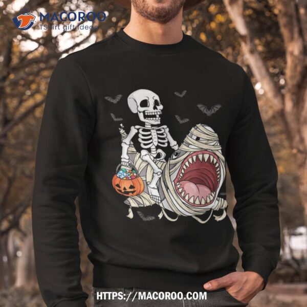 Skeleton Riding Mummy Shark Funny Halloween Pumpkin Kids Shirt