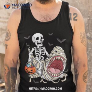 skeleton riding mummy shark funny halloween pumpkin kids shirt tank top