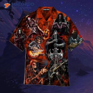 Skeleton Skull-patterned Hawaiian Shirts With Wild Spirit Flames Playing Guitar