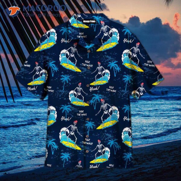 Skeleton Surfing In The Sea With Happy Summer Blue Hawaiian Shirts.