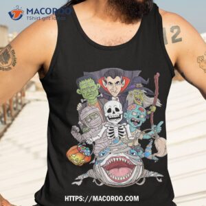 skeleton zombie riding mummy shark funny halloween pumpkin shirt diy halloween treats tank top 3