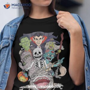 skeleton zombie riding mummy shark funny halloween pumpkin shirt halloween candy bouquet tshirt