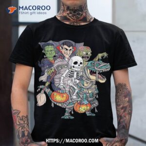 skeleton zombie riding mummy t rex funny halloween pumpkin shirt halloween gift shop tshirt
