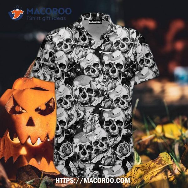 Skull Black And White Hawaiian Shirts, Halloween Gifts For Girlfriend