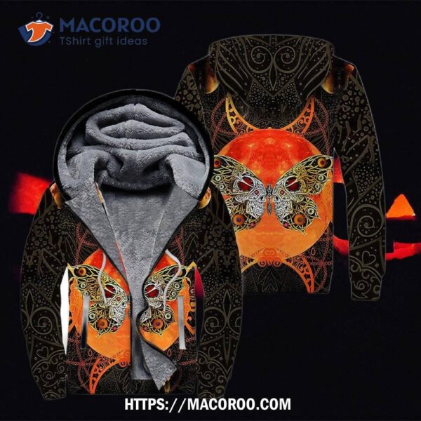 Skull Butterfly Moon Lights Fleece Zip Hoodie All Over Print 3D, Halloween Teddy Bears