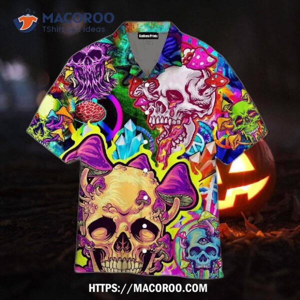 Skull Colorfull Printed Casual Abstract Hippie Style Hawaiian Shirts, Halloween Gifts For Adults