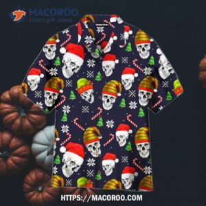 Skull Face Christmas Snowflakes Candy Pattern Black Hawaiian Shirts, Halloween Bouquet