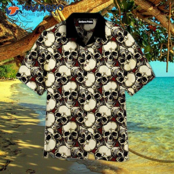 Skull Motifs Pattern White And Green Hawaiian Shirts.