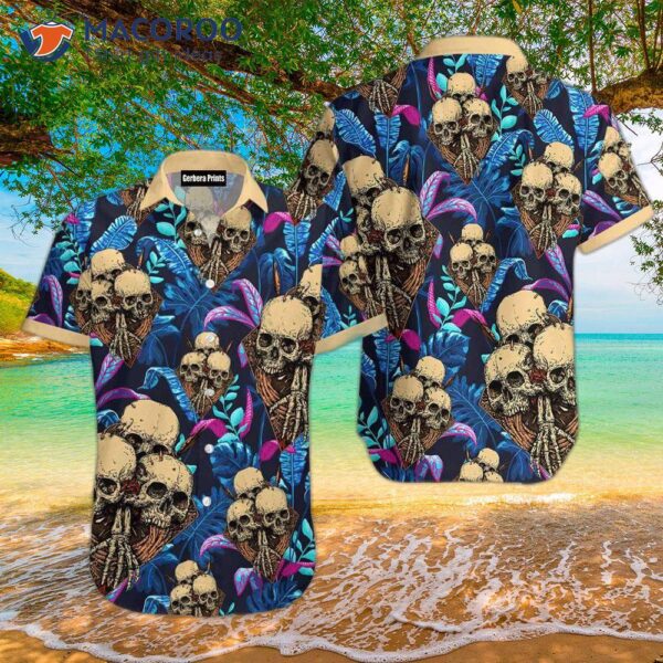 Skull-patterned Blue Hawaiian Shirts With Tropical Palm Leaves