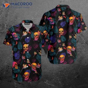 skull patterned spooky colorful leaf hawaiian shirts 0