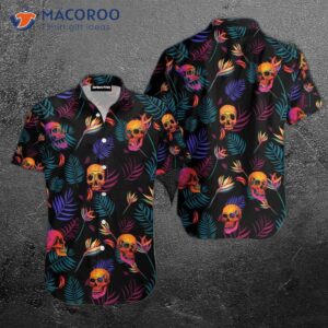 skull patterned spooky colorful leaf hawaiian shirts 1