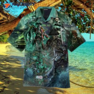 skull pirate and ghost ship halloween hawaiian shirts 0