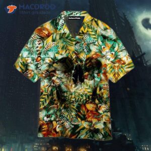 skull print tropical green and yellow hawaiian shirts 0